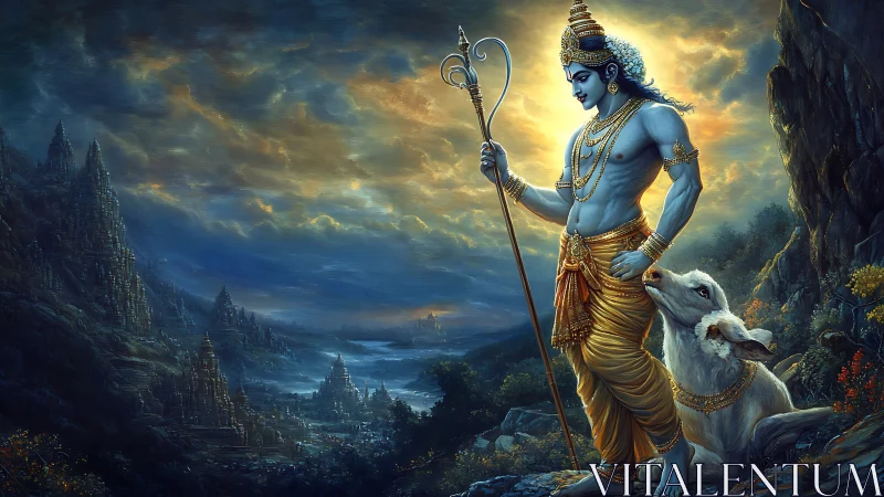 Blue-skinned deity with cow overlooking valley landscape.