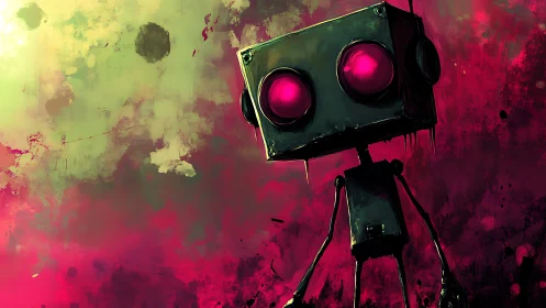 Wide-eyed neon robot wanders through splattered twilight dreams.