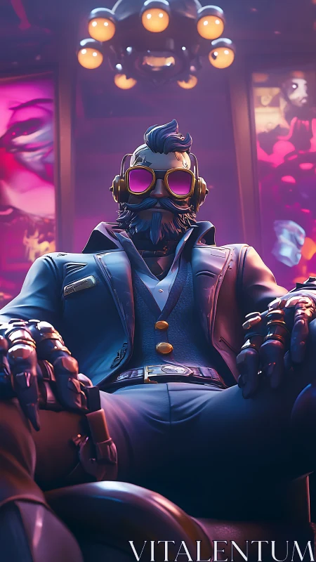 Cool cyberpunk boss lounges in neon-lit futuristic lounge