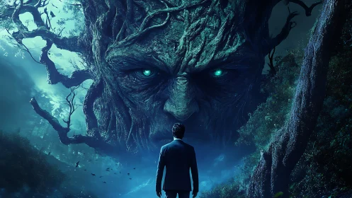 Man confronts giant glowing-eyed tree face in dense forest