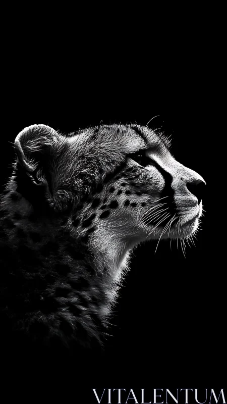 Monochrome profile study of a cheetah against black field.