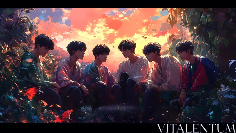 Sunset backlit youths rendered in high-saturation digital painting