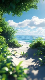 Hidden Cove: Beach Serenity Through Lush Green.