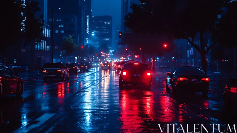 Rainy night city traffic under neon red and blue lights.