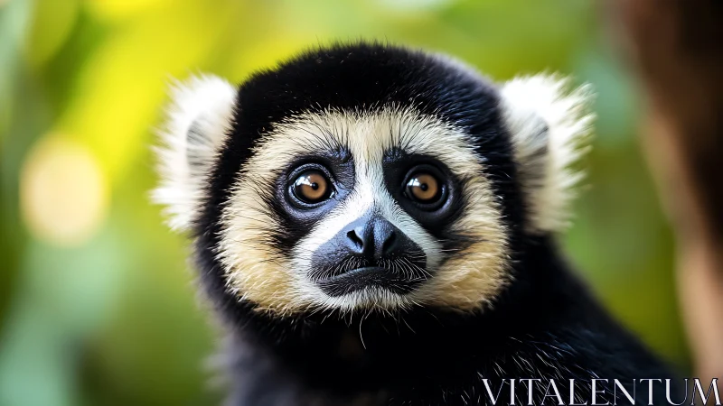 Close frontal view of small primate with blurred foliage background.