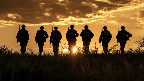 Line of armed soldiers walks across field at sunset