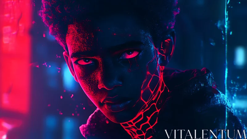Cybernetic teen portrait in neon blue and red light.