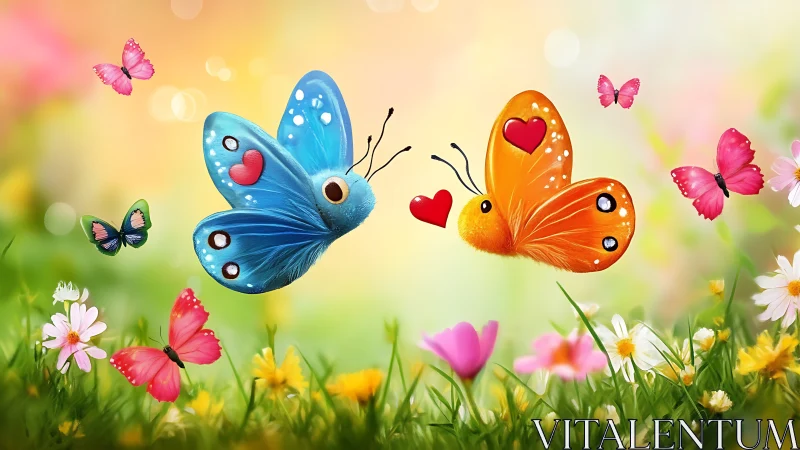Whimsical Butterflies with Hearts in Spring Garden Scene