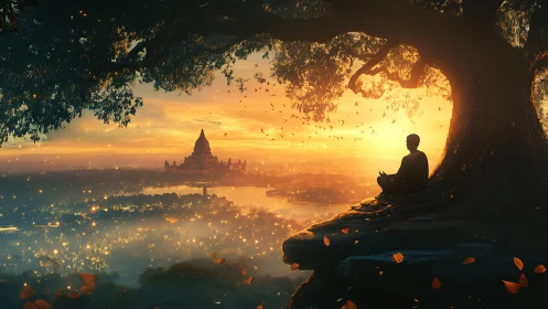 Meditating figure under sacred tree above glowing valley.