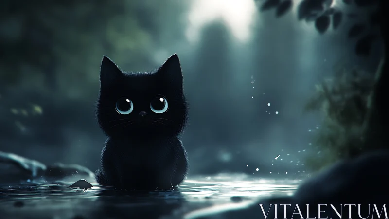 Luminous-Eyed Kitten Meditates on Misty Forest Waters
