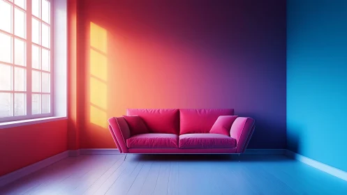 Sunlit magenta sofa floats between melting sunset walls