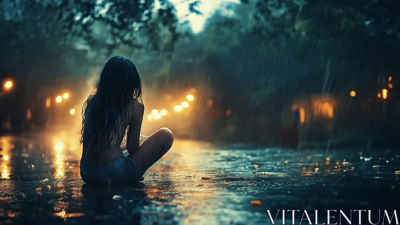 Solitary girl embraces warm city lights in summer rain.