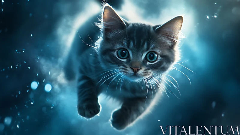 Luminous Kitten Leaps Through Ethereal Azure Dreamscape.