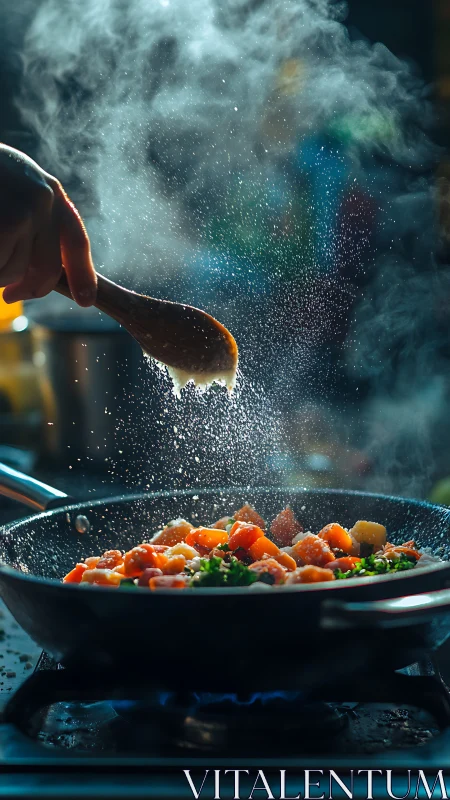 Hand seasons sizzling vegetables in pan over gas flame