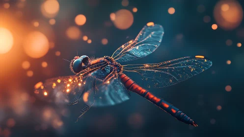 Iridescent dragonfly macro with bokeh and rim lighting.