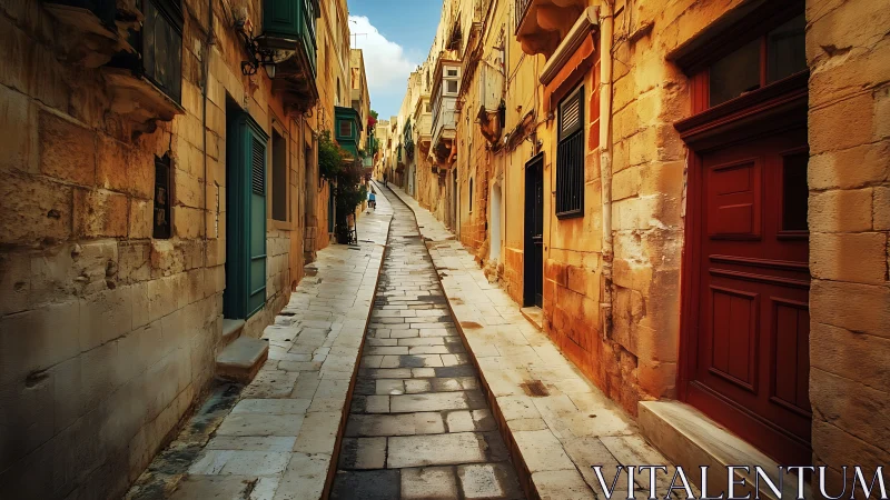 Sunlit stone alleyway leading toward a hidden old-town view.