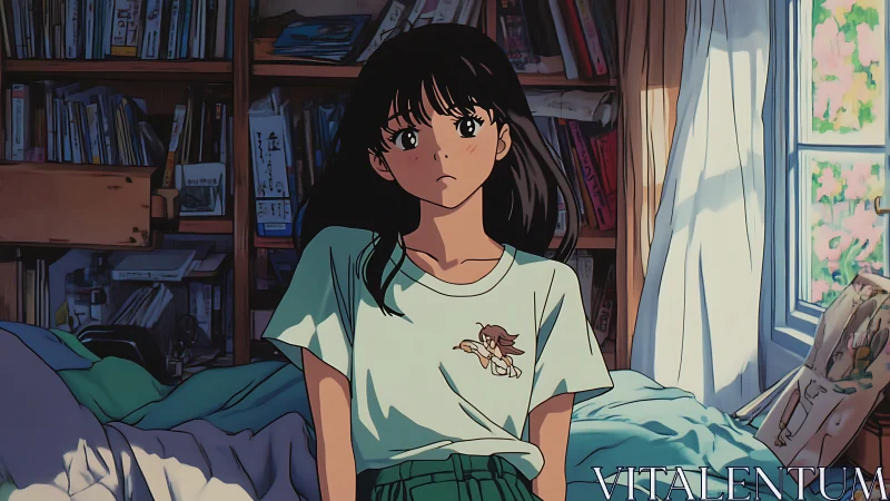 Anime girl in sunlit bedroom interior conveys quiet introspection