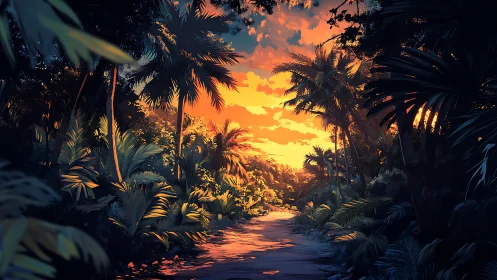 Sunlit jungle path under vivid orange sunset sky.