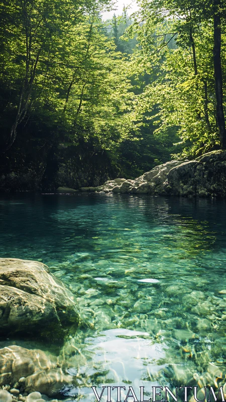 Sunlit forest pool reveals crystalline water and submerged stones
