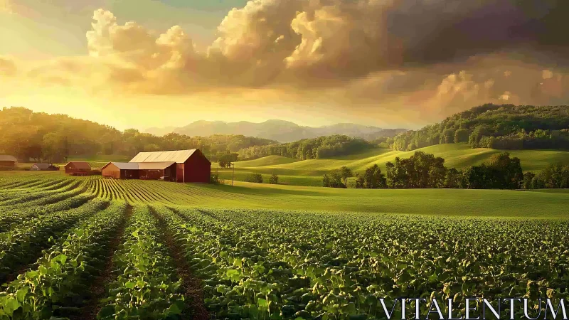 Rural farm landscape with crop rows under evening light.