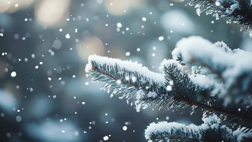 Snowy pine branches catching soft winter snowfall gently.