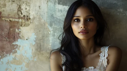 Portrait of young woman against textured aged wall surface