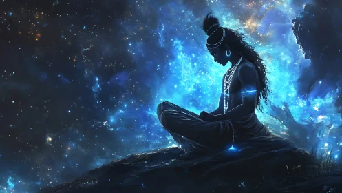 Seated silhouetted figure is positioned against luminous nebula