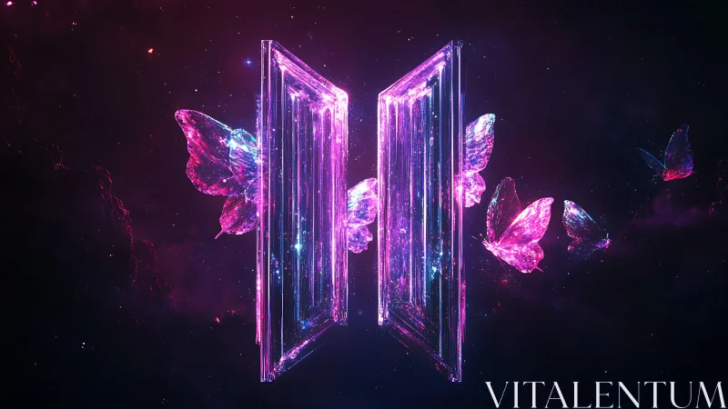Glowing crystal doorway floats in space with luminous butterflies