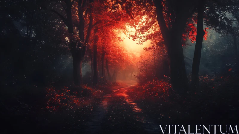 Forest path at dawn with atmospheric light penetration through canopy