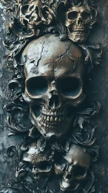 Bronze skull relief sculpture captures dark, baroque drama