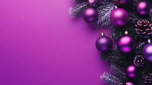 Purple Christmas baubles on evergreen branches with space.