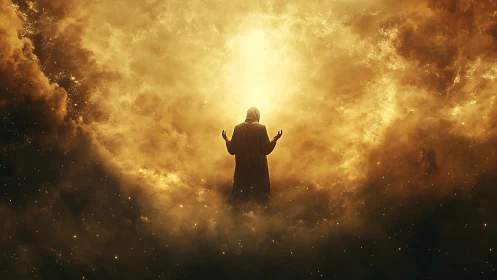 Radiant robed figure embraced by golden cosmic light.