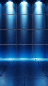 Blue tiled interior wall with symmetrical overhead spot lighting grid