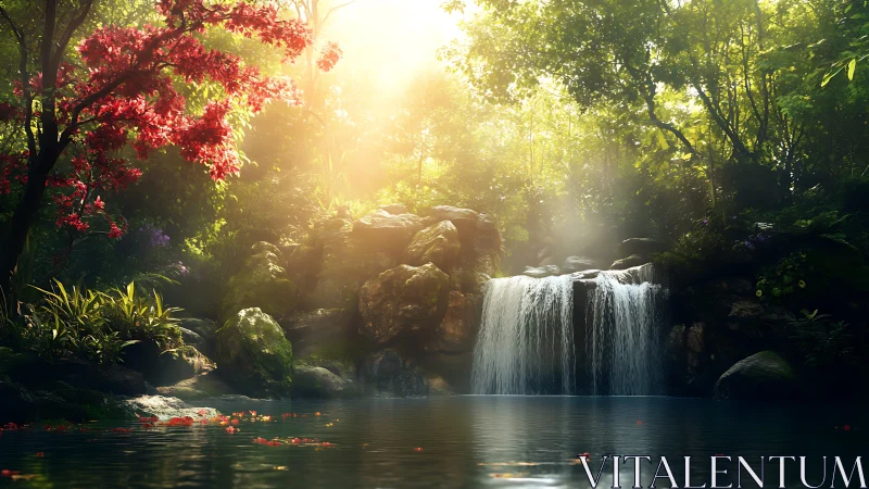 Sunlit forest waterfall pours into a tranquil blue pool.