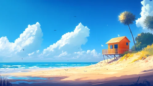 Solitary Lifeguard Tower on Sunny Coastal Beach