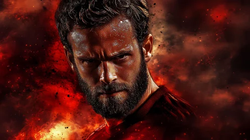 Intense bearded athlete amid blazing red inferno backdrop.