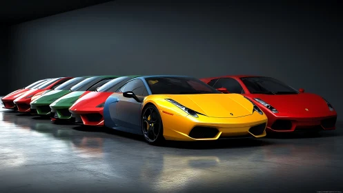 Row of vivid sports cars lined up in a dark studio.