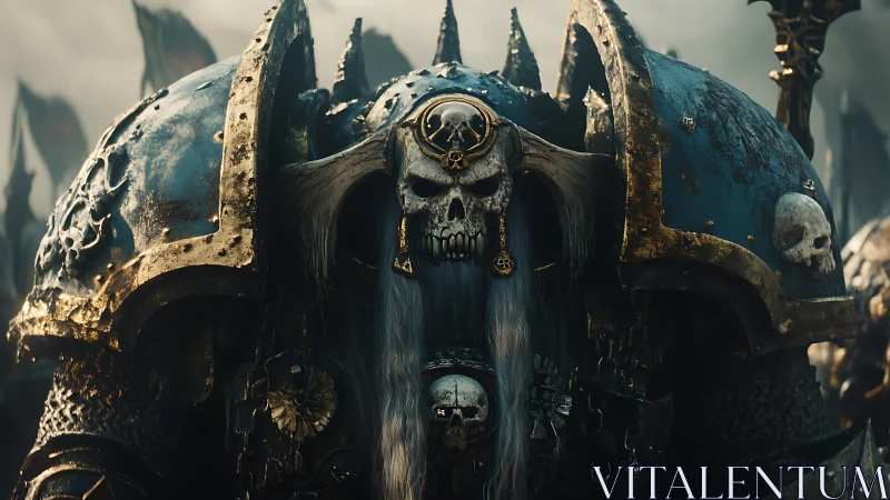 Skull-helmed warlord in ornate blue power armor advances