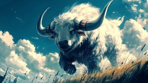 Aerodynamic white bison charging across wind-torn grassland.