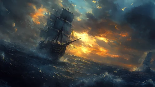 Tall ship under stormy sky on rough ocean at sunset.