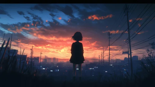 Backlit urban silhouette against dynamically banded sunset sky.