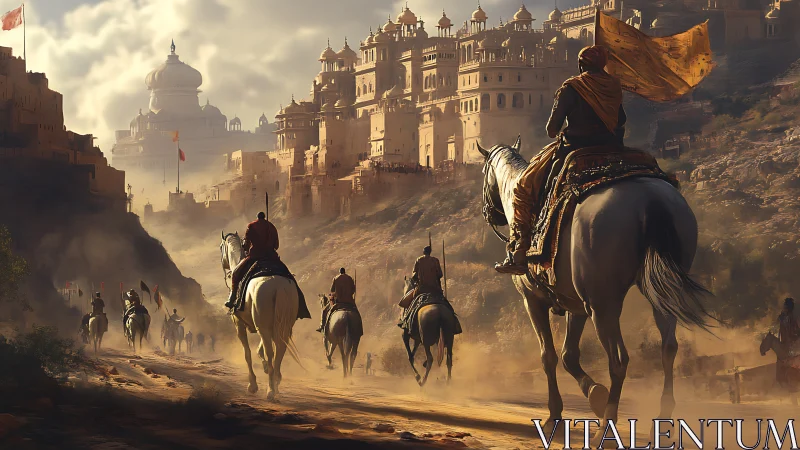Riders approach a golden desert fortress under soft light.