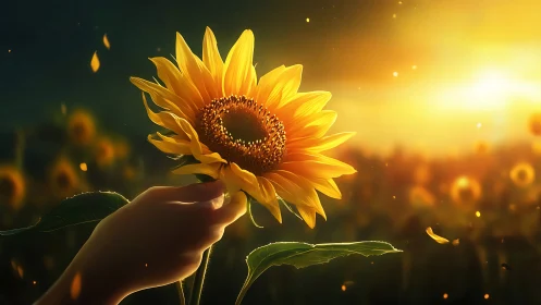 Hand holding single sunflower against backlit field at dusk.