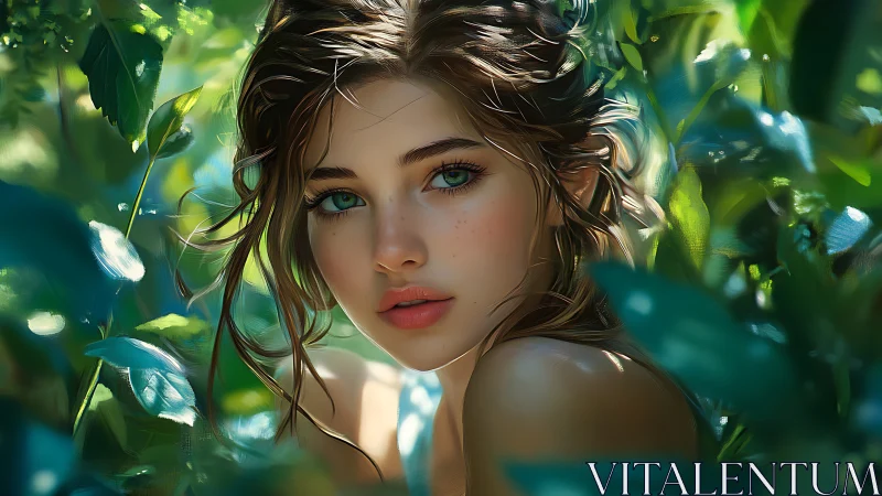 Enchanted forest portrait reveals serene emerald gaze