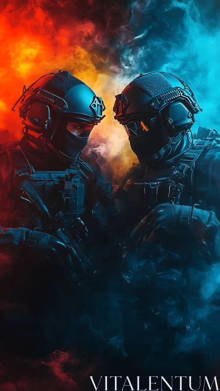 Tactical operators in dual-color volumetric smoke lighting standoff