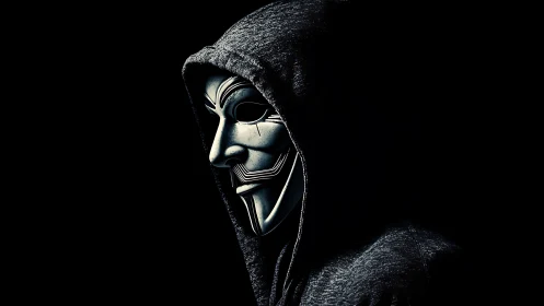 Hooded cyber specter in metallic mask stalking digital shadows.