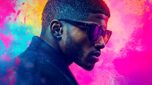 Man in profile wearing sunglasses against vivid neon backdrop