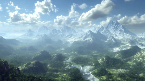 Sunlit alpine valley stretches beneath towering icy peaks