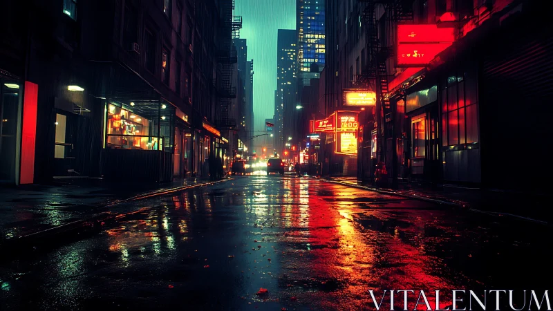 Neon rain braids reflections across a sleepless city street