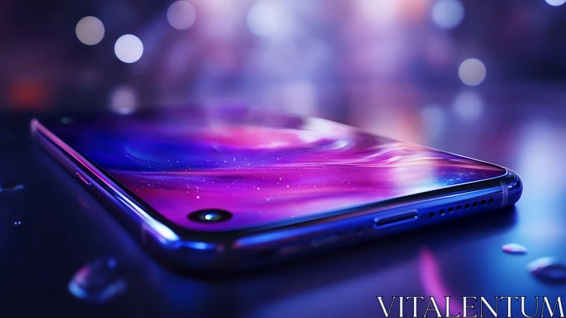 Futuristic smartphone with glowing gradient screen on desk.